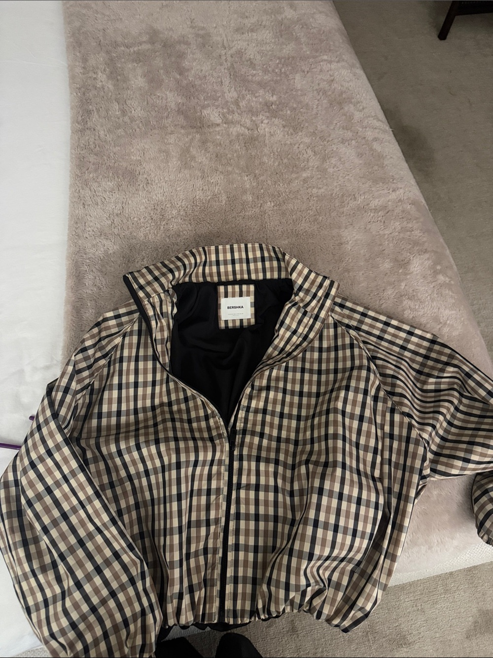 Bershka Beige and Black Checked Windbreaker Jacket